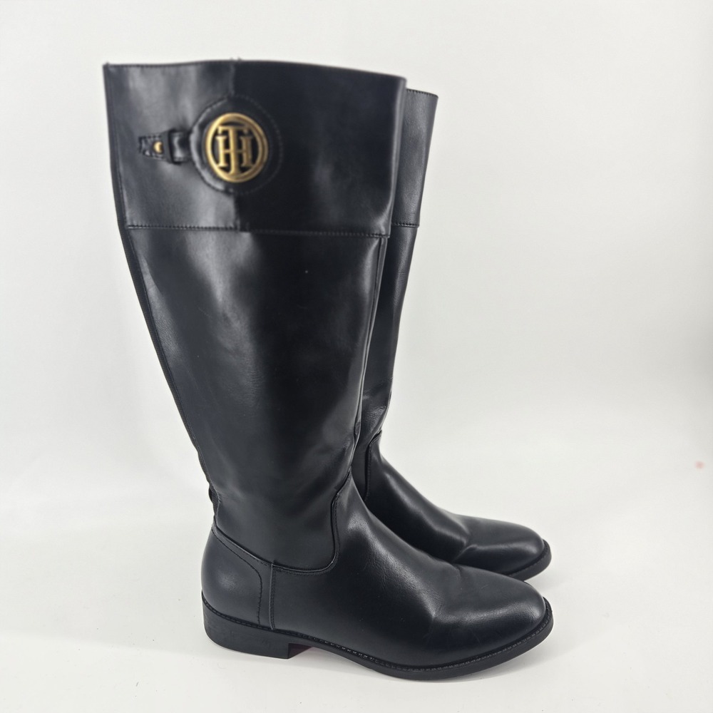 Tommy Hilfiger Women's Black Leather Knee High Riding Boots Zip Logo Size 10